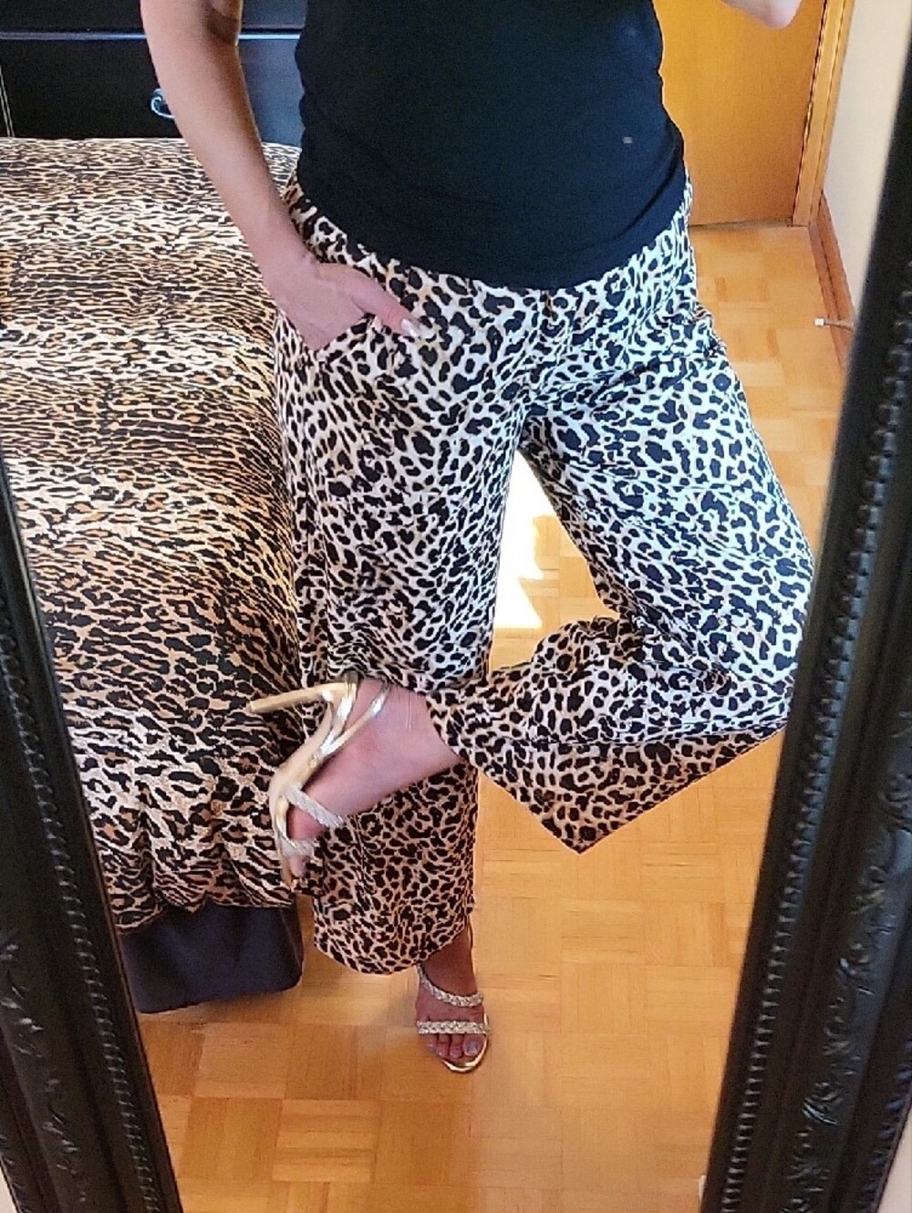 NEW! Leopard Print Wide-Leg Crop Pants, Linen-Like, Black, Tan & Cream, XL